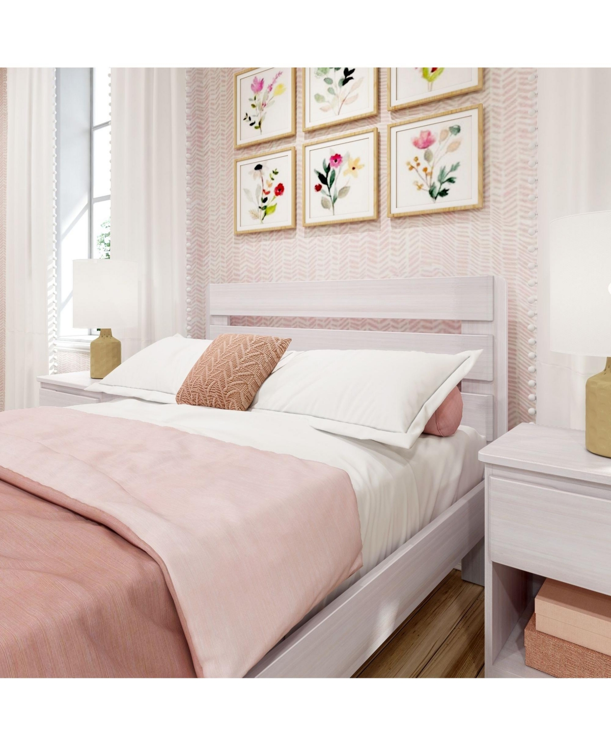 Max and Lily Bed Frame, Farmhouse Solid Wood Platform with Slatted Headboard