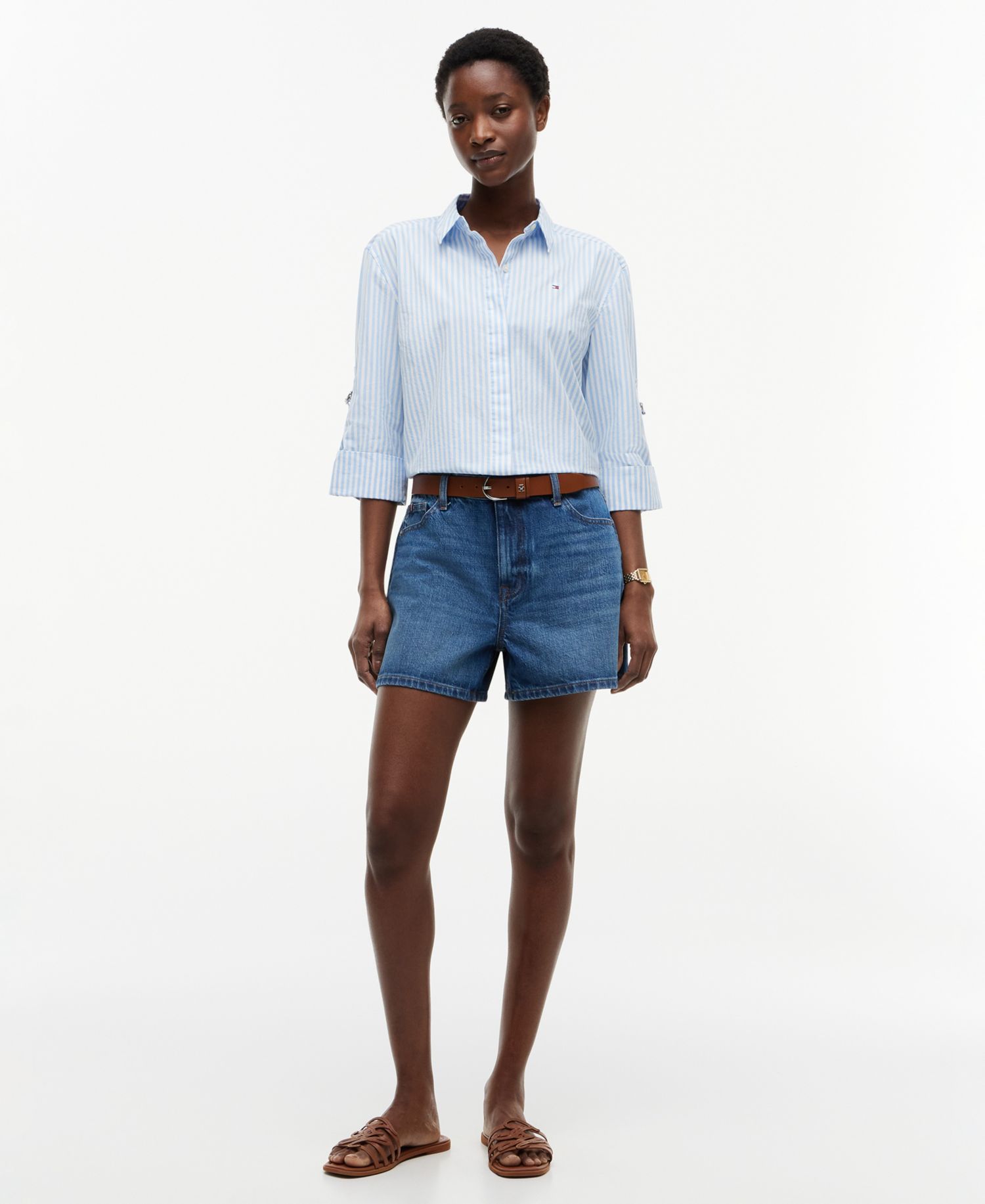 Women's Cropped Collared Roll-Tab Cotton Shirt
