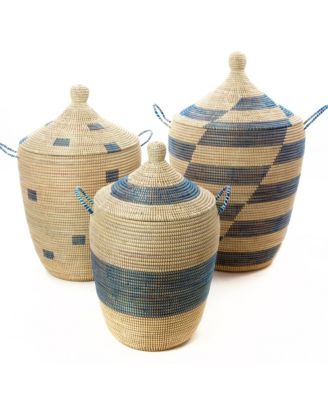 Set of Three Blue and Cream Mixed Pattern Hampers