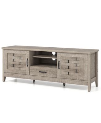 Farmhouse TV Stand for 65 Inch TVs with 2 Woven Accent Doors and 3 Adjustable Shelves-Oak