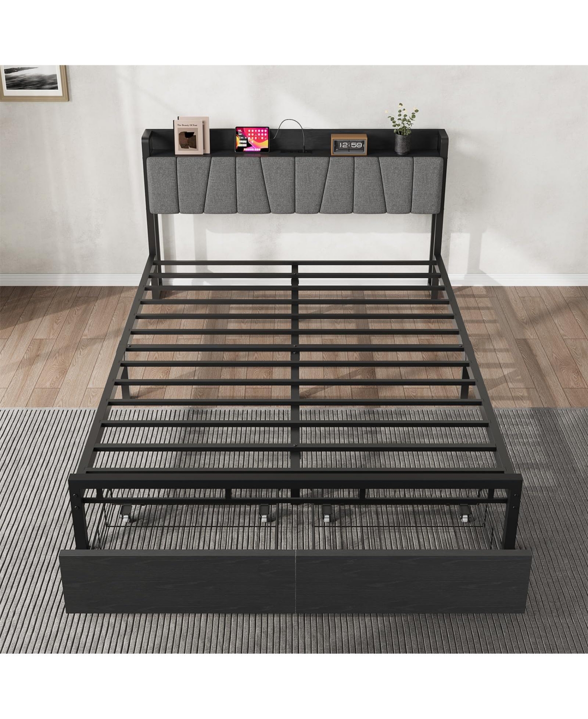 gaomon Industrial Bed Frame with Storage Headboard, Charging Station and 2 Drawers