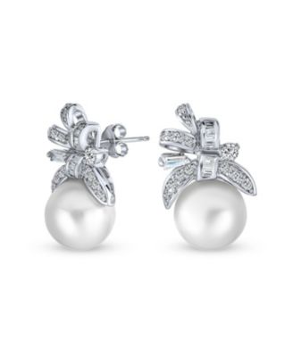 Victorian Style CZ Ribbon White Pearl Bow Stud Earrings .925 Sterling Silver