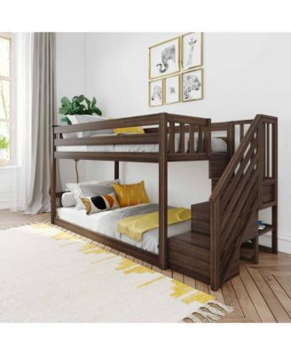 Solid Wood Low Bunk Bed for Kids with Staircase