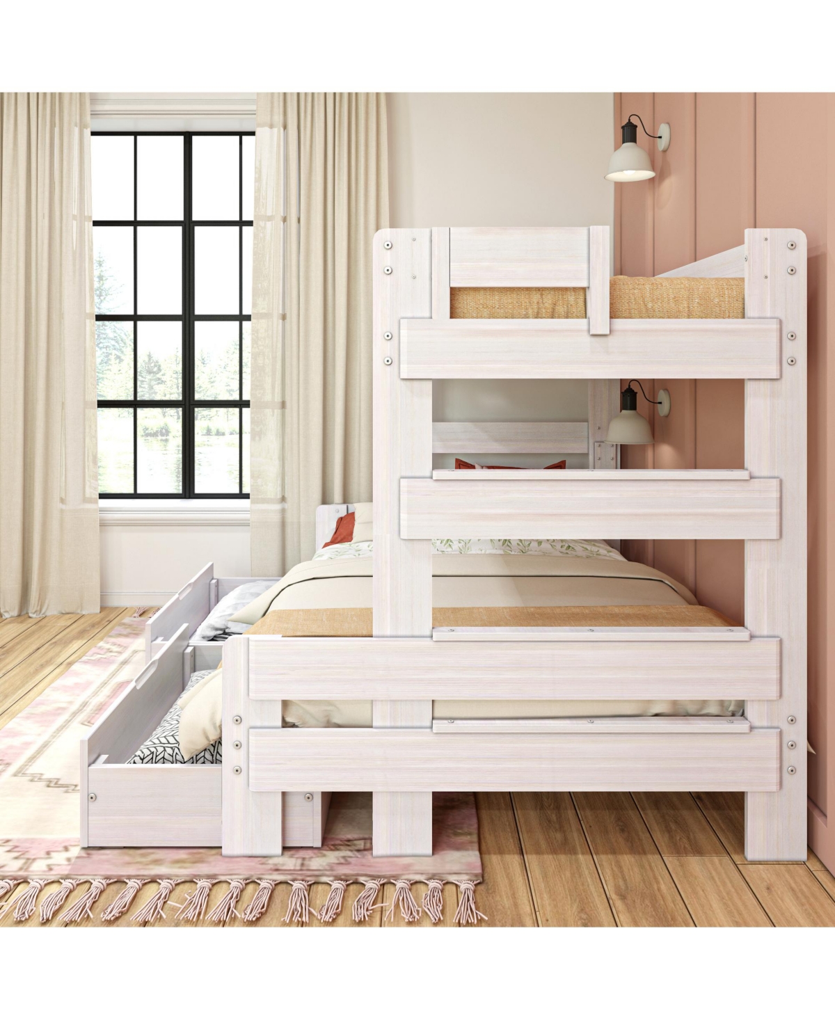 Max & Lily Farmhouse Twin over Full Bunk Bed with Storage Drawers