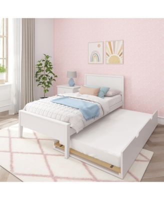 Twin Bed with Trundle, Classic Solid Wood Platform Bed with Panel Headboard