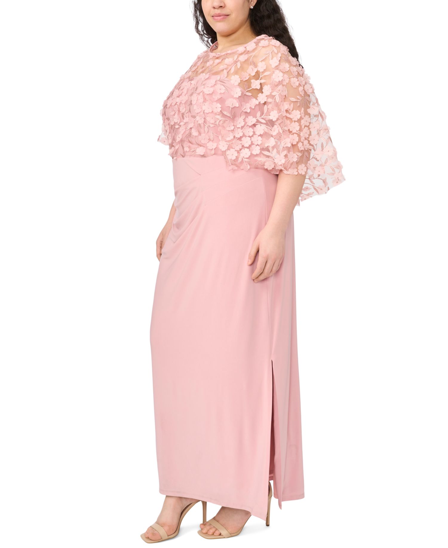 Plus Size Polyester Blend 3D Flowers Crewneck Gown