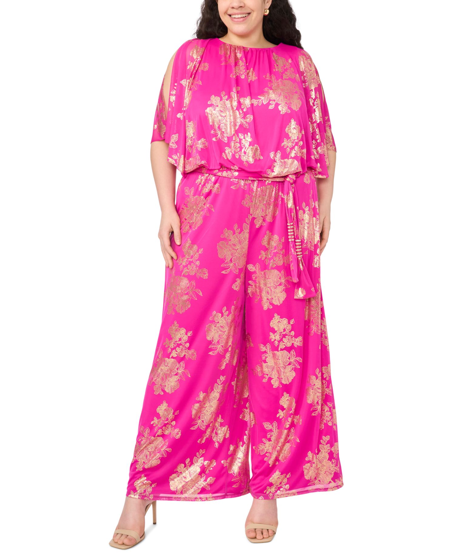 Plus Size Polyester Rhinestone Crewneck Jumpsuit