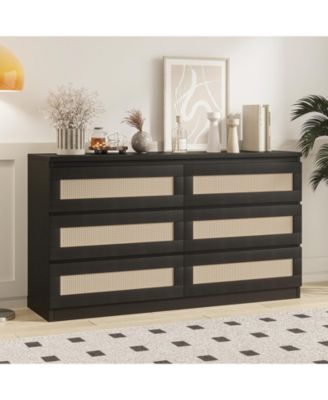 6 Drawer Rattan Dresser for Bedroom, Double Wood Chest of Drawers TV Stand