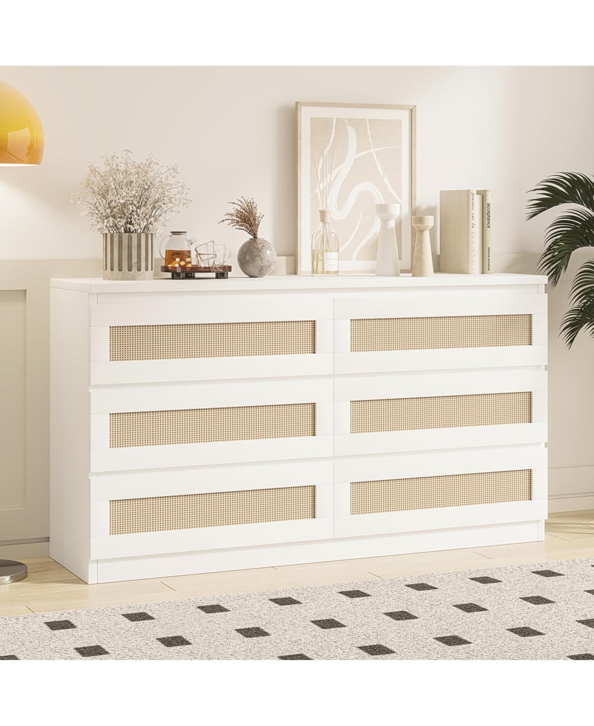 gaomon 6 Drawer Rattan Dresser for Bedroom, Double Wood Chest of Drawers Tv Stand - White