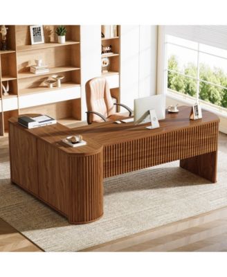 1 Piece Fluted Engineered Wood L Shaped Executive Desk with Filing Cabinet, Storage Shelves and Privacy Panel