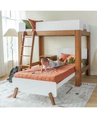 Max and Lily Mid-Century Modern Twin over Twin L-Shaped Bunk Bed, Solid Wood, White/Pecan