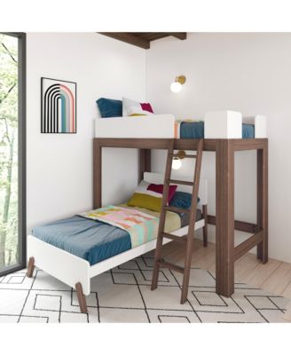 Max and Lily Mid-Century Modern Twin over Twin L-Shaped Bunk Bed, Solid Wood, White/Pecan