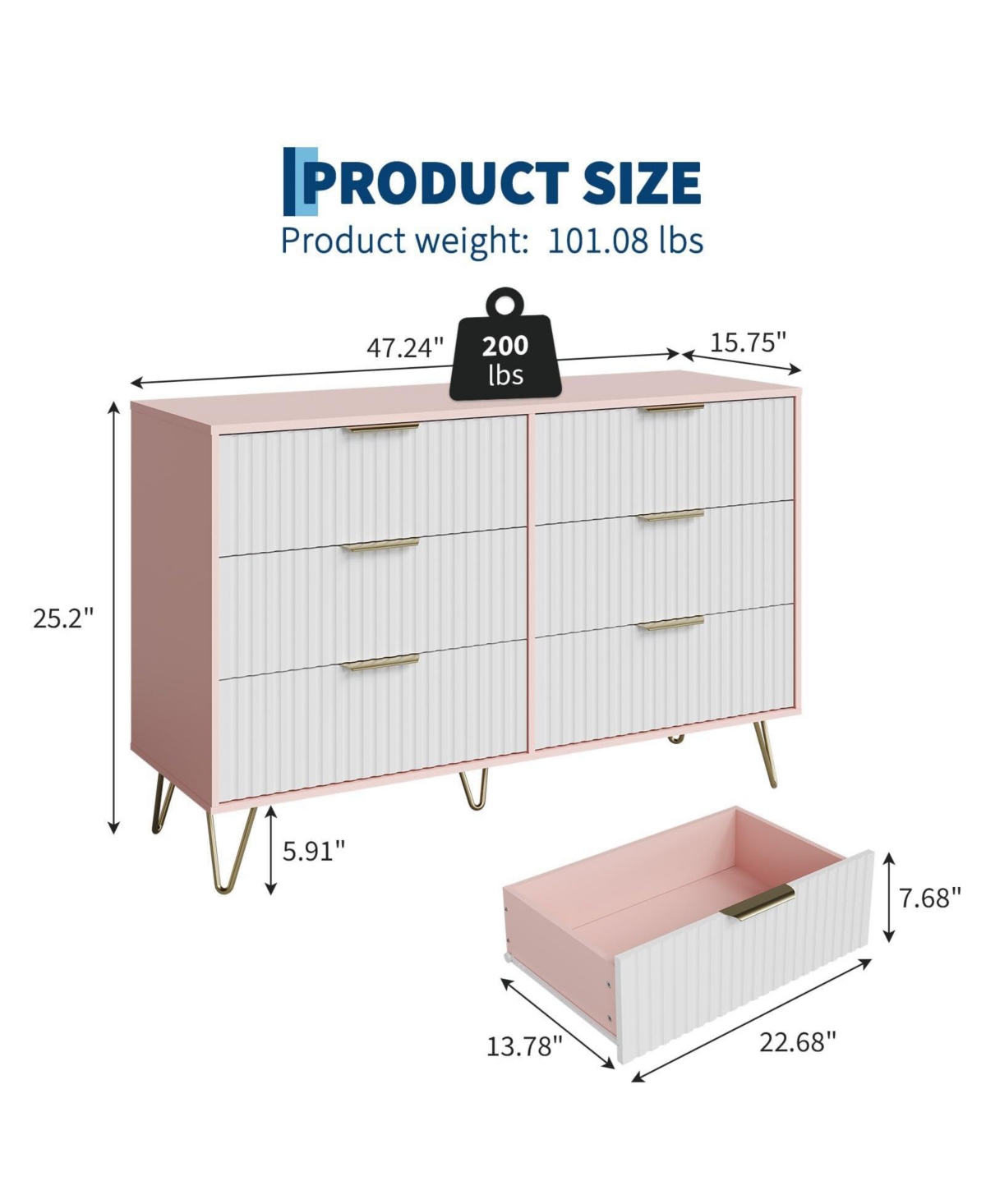 gaomon Fluted 6 Drawer Dresser for Bedroom, 47" Wide Wood Chest with Metal Handles Storage Cabinet