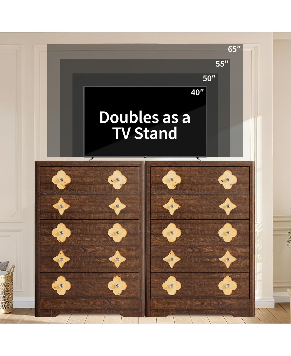 gaomon 46.1" Tall 5 Drawer Wood Dresser with Decorative Fronts and Crystal Knobs, Narrow Storage Chest