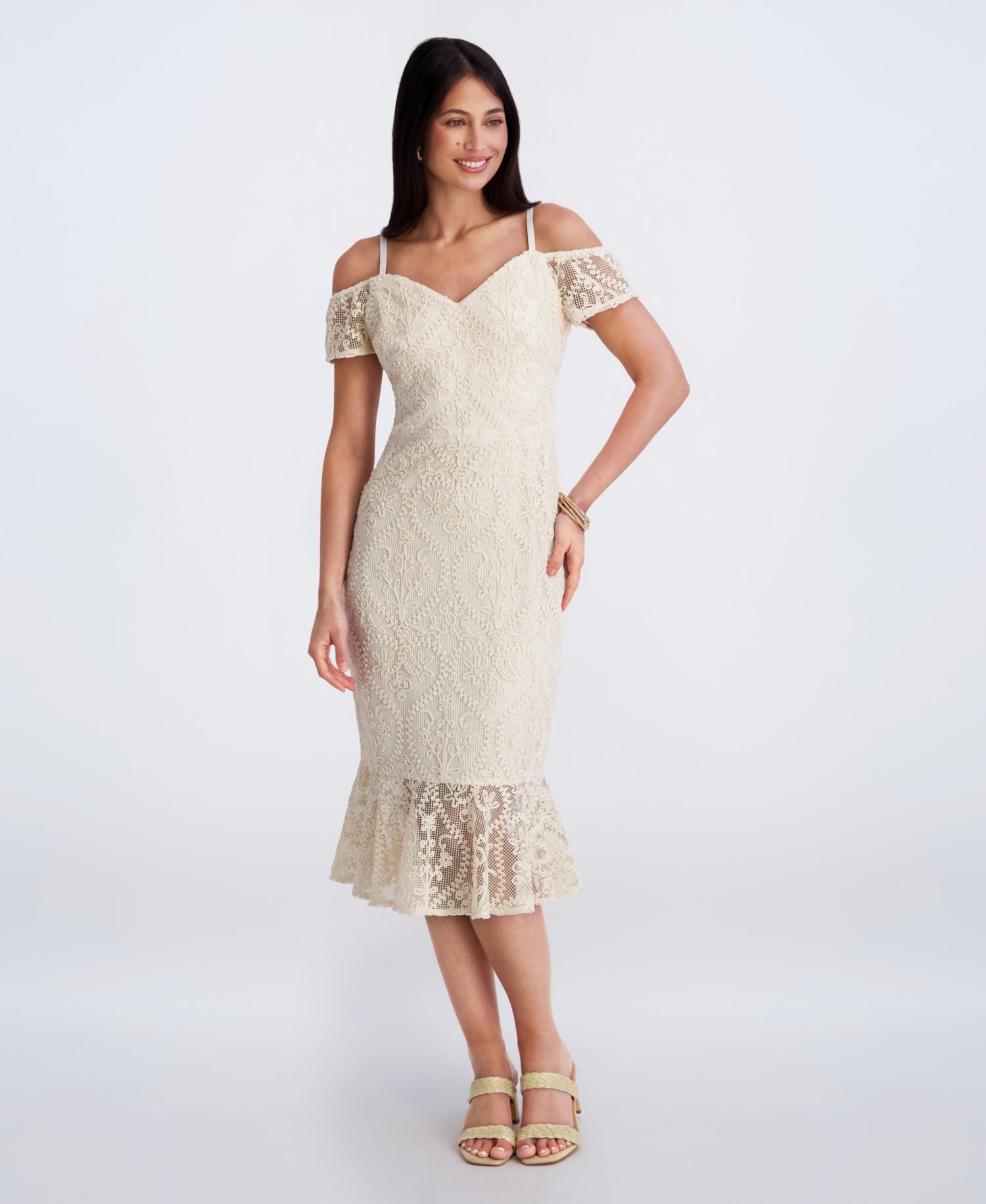 Women's Crochet Lace Removable Straps Sweetheart Neck Midi Dress