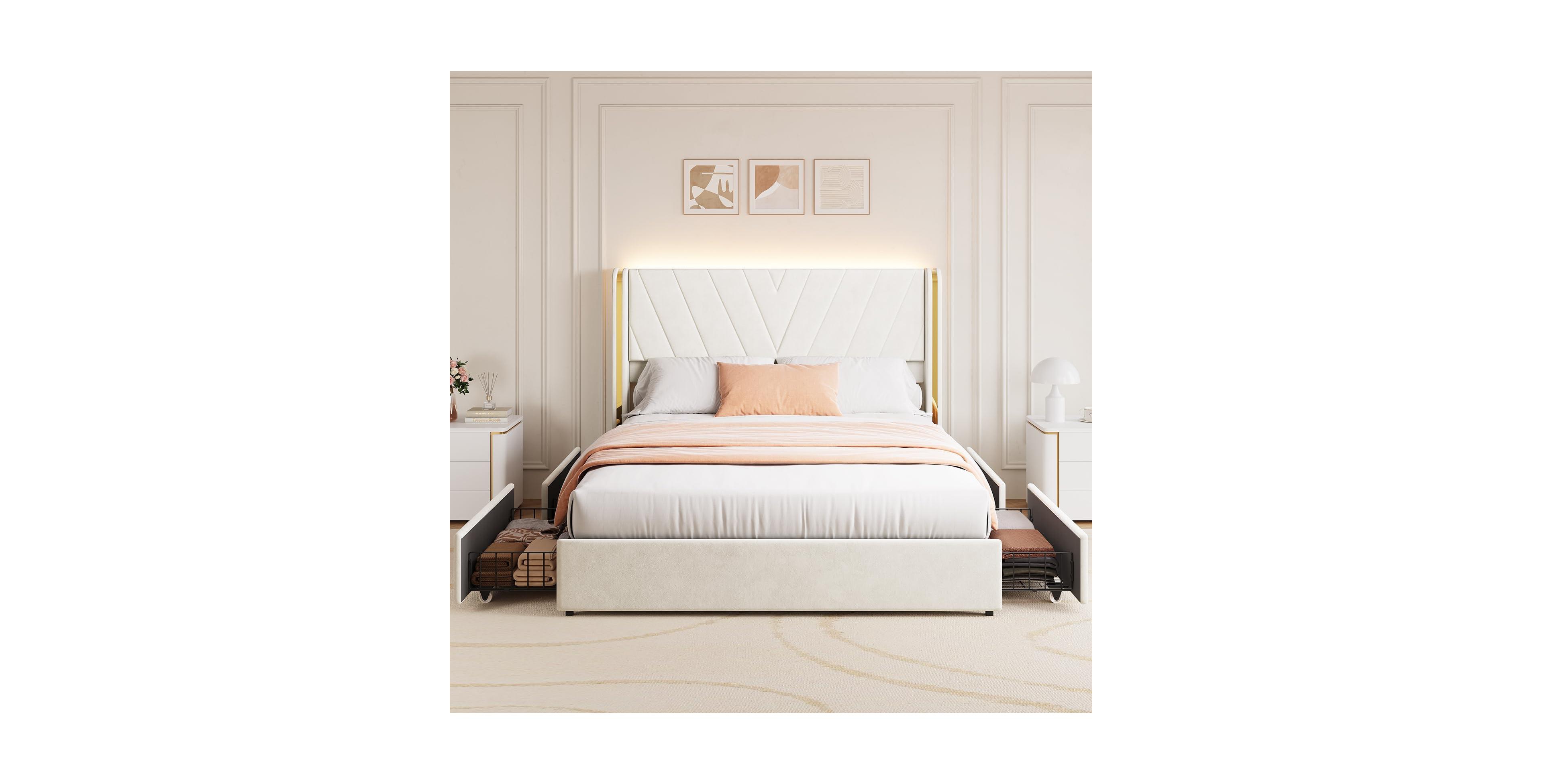 gaomon Velvet Upholstered Bed Frame with Led Lights, 4 Drawers, Wingback Headboard and Charging Station