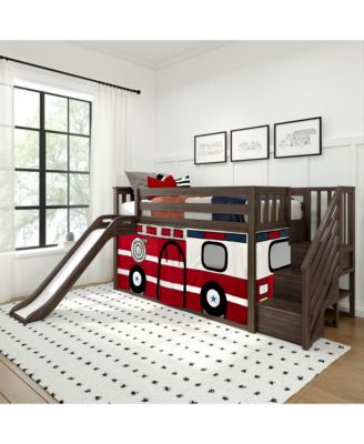 Low Twin over Twin Bunk With Stairs, Easy Slide and Firetruck Curtain