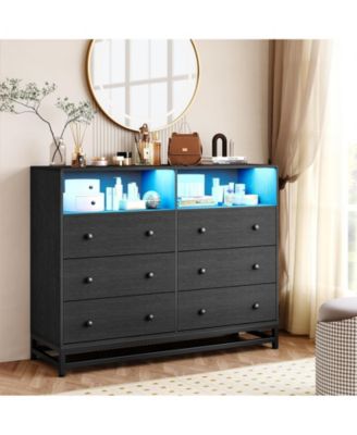 6 Drawer Dresser with LED Lights and Power Outlet, Wooden TV Stand Storage Cabinet for Bedroom