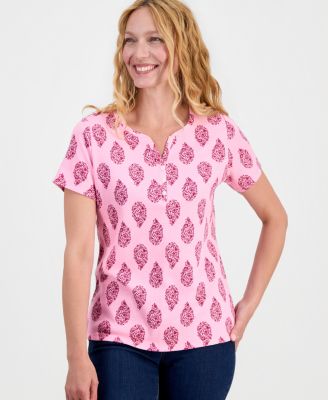 Petite Printed Short-Sleeve Henley Top