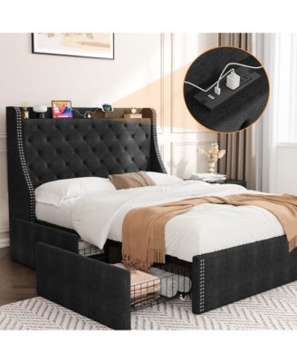 Upholstered Bed Frame with 4 Storage Drawers, Wingback Headboard and Charging Station