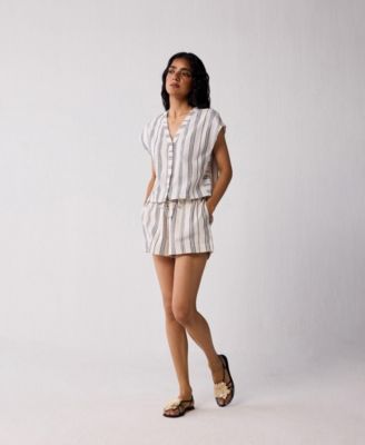 Women's Striped Matching Set with Regular Shorts and V-neck Top