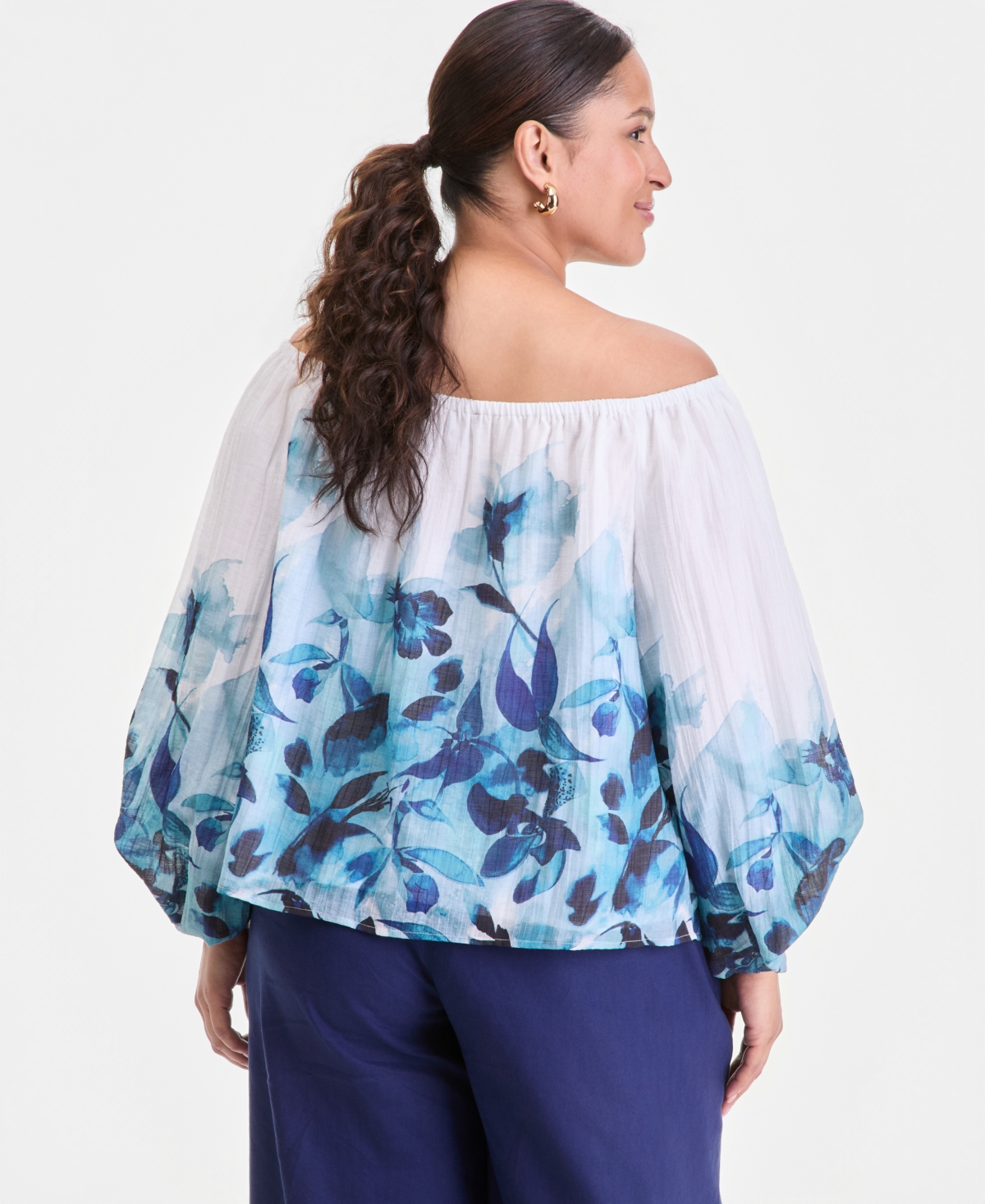 I.n.c. International Concepts Plus Printed Off-The-Shoulder Puff-Sleeve Blouse, Macy's Exclusive