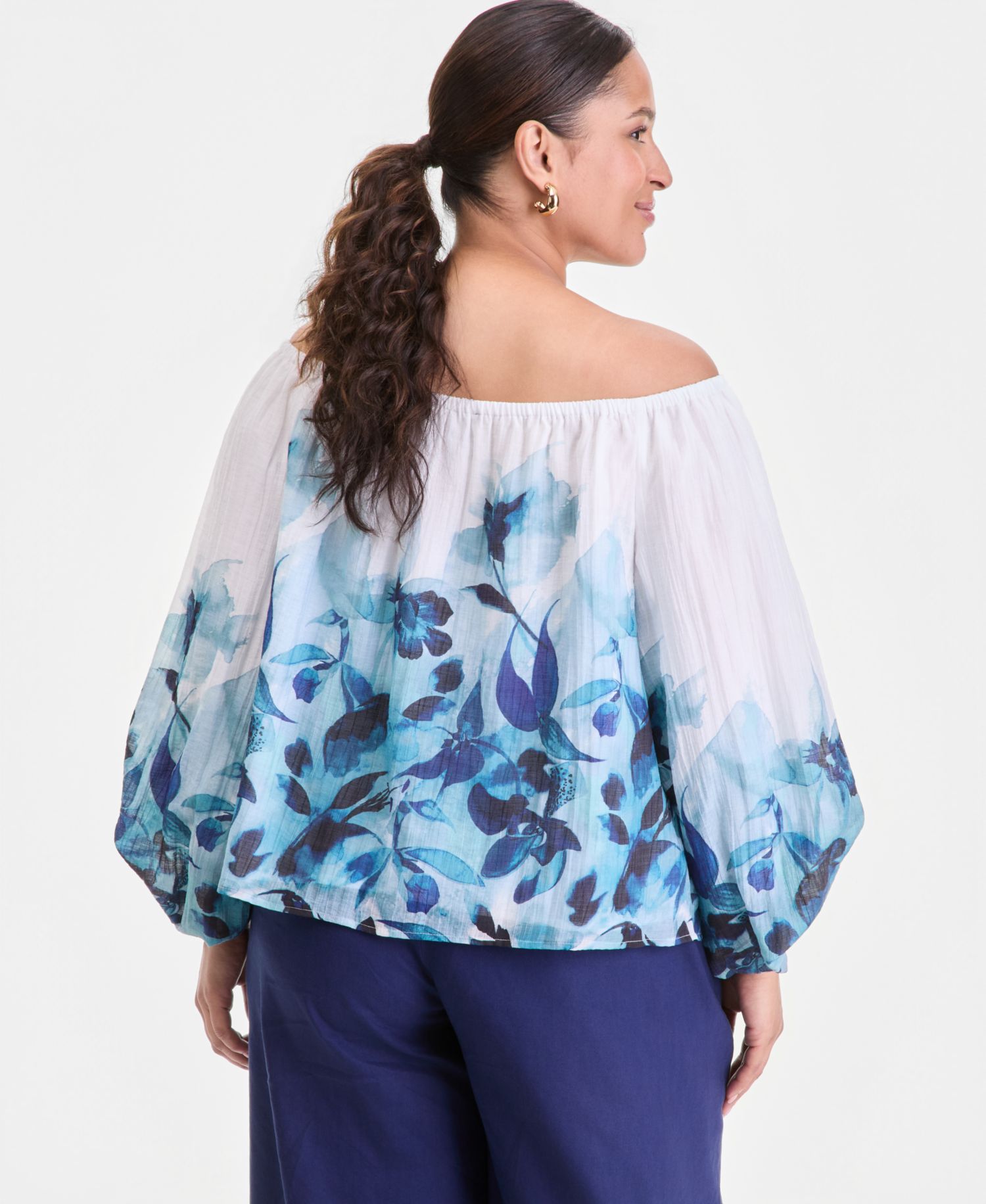 Plus Size Printed Off-The-Shoulder Puff-Sleeve Blouse