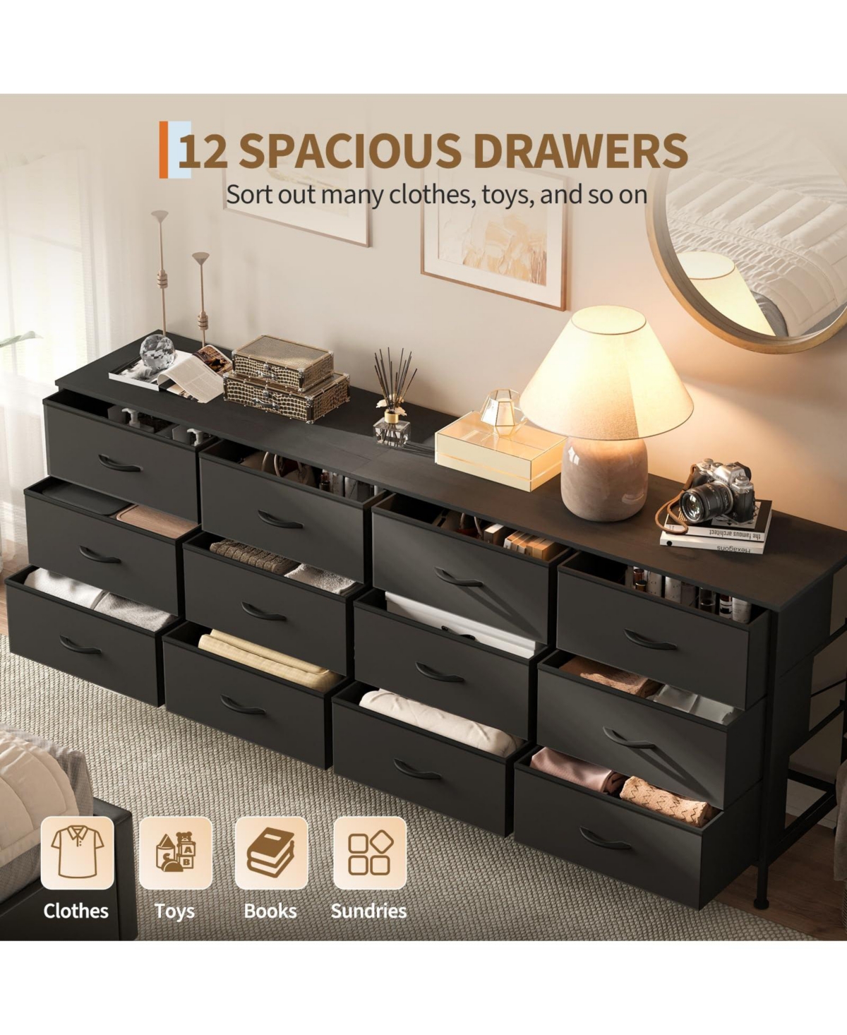 gaomon Tv Stand with 12 Fabric Drawers, Wide Storage Dresser Entertainment Center for Up to 80"