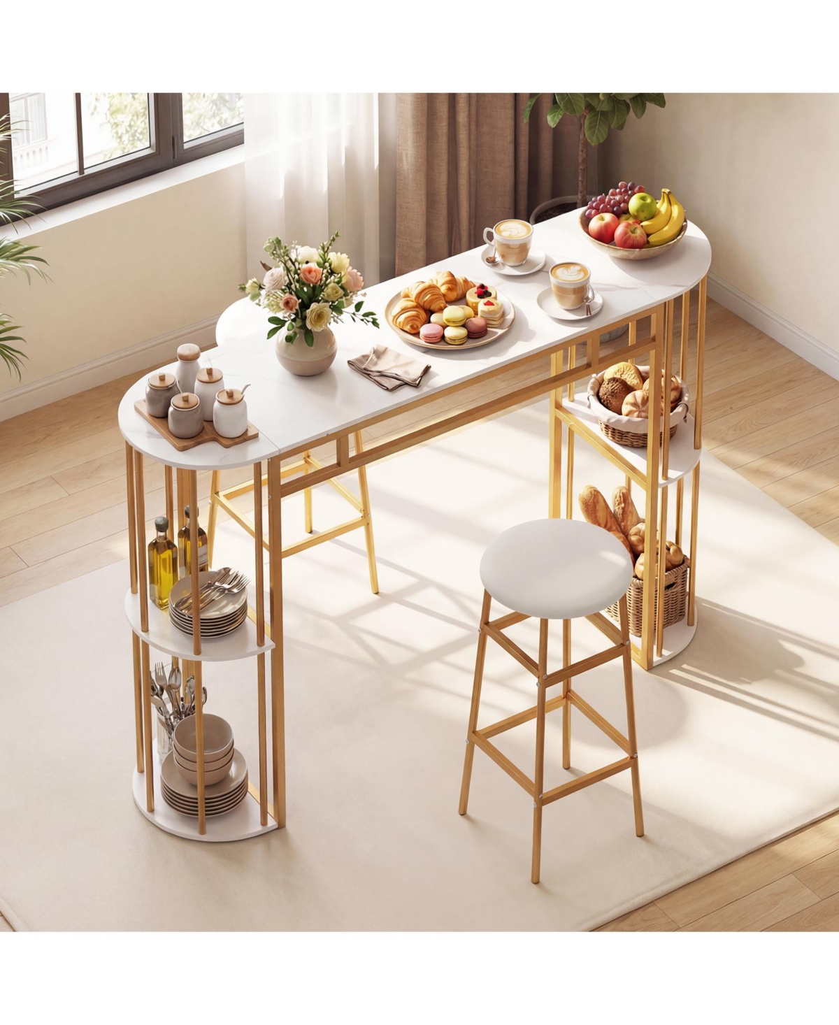 Gymax 3 Pieces 60'' Bar Table Set for 2 w/ Faux Marble Tabletop and Storage Shelves