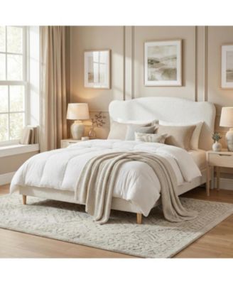 Queen Size Bed Frame with Upholstered Headboard, Soft Low Profile Sturdy Platform Bed with Rounded Corners Design, Heavy Duty, Wooden Slats