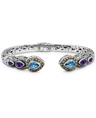 Swiss Blue Topaz, Amethyst and Ubud Cuff Bracelet in Sterling Silver and 18K Gold Accents