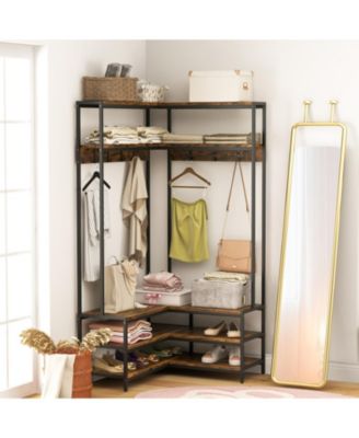 Wood Corner Hall Tree with Shoe Bench and Open Shelves