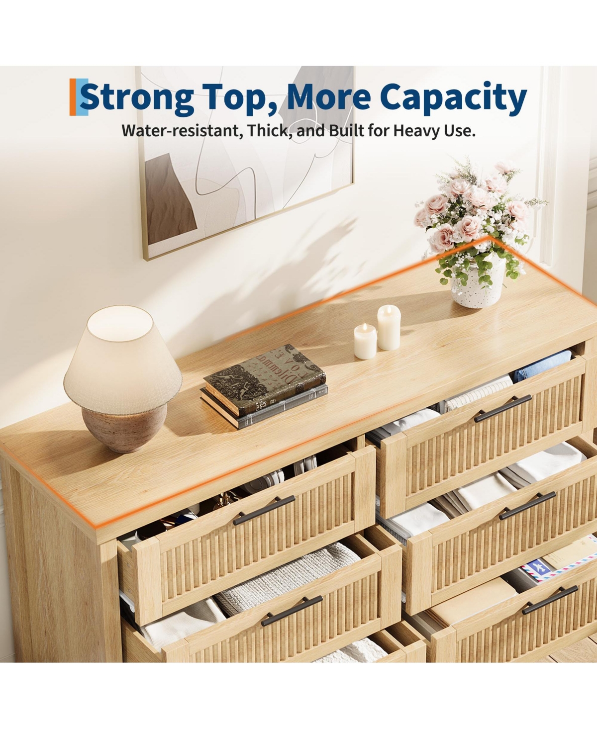 gaomon Fluted Drawer Dresser for Bedroom, Rattan Chest of Dressers