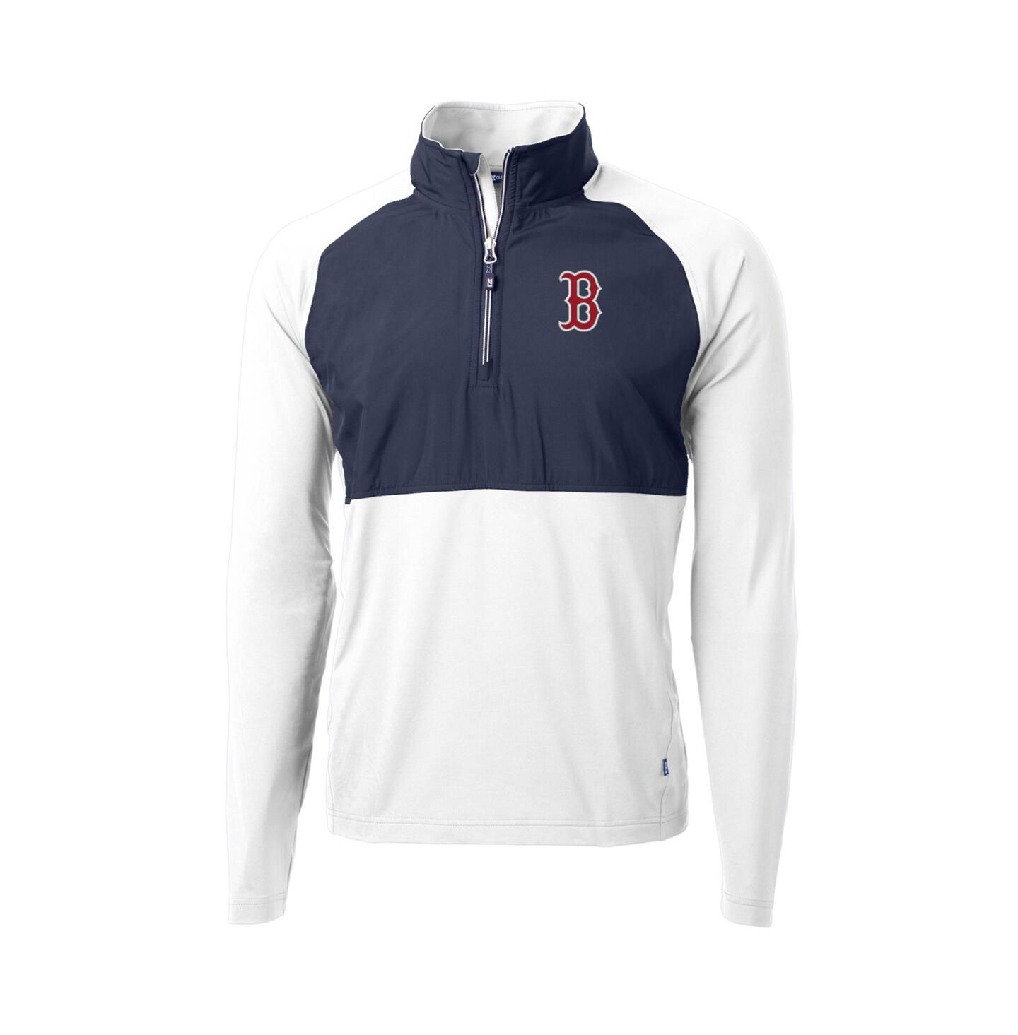 Мужская куртка Cutter & Buck White/Navy Boston Red Sox Adapt Eco Knit Hybrid Quarter-Zip Pullover — фото 1