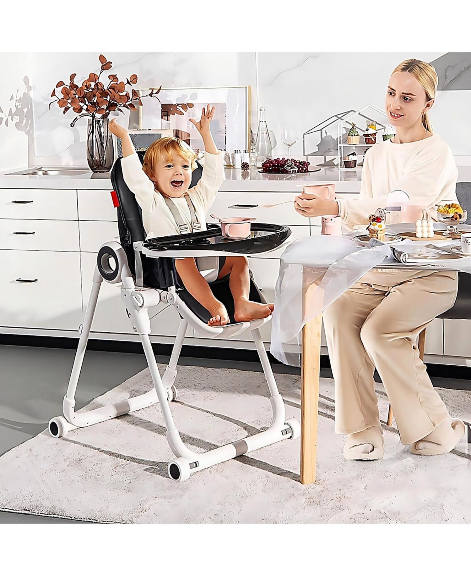 Baby Foldable High Chair with 4 Lockable Wheels and Double Tray