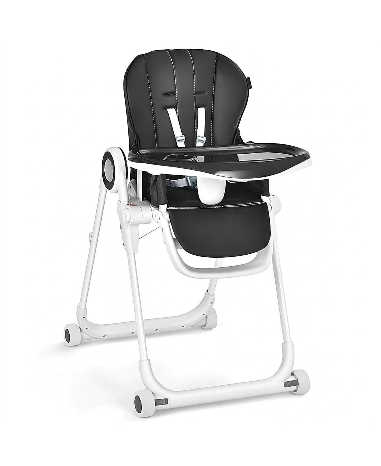 Baby Foldable High Chair with 4 Lockable Wheels and Double Tray