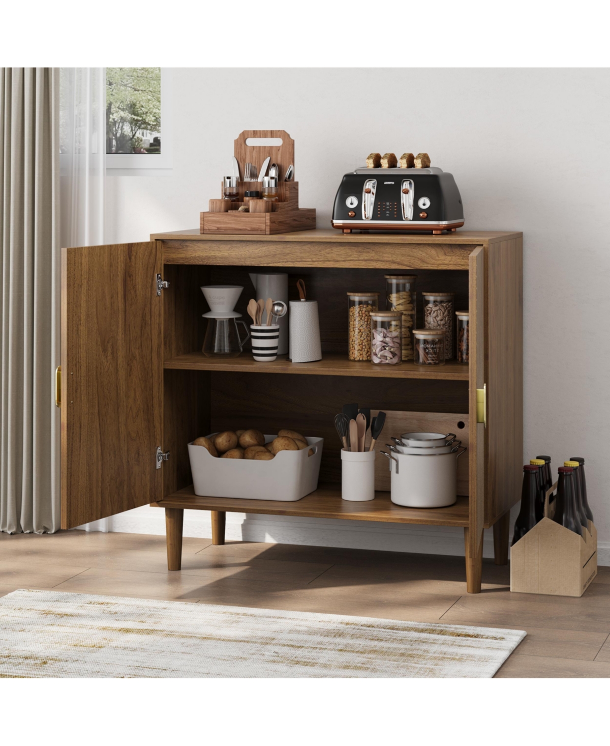 Flynama Wood Buffet Cabinet Line Groove Sideboard Storage For Living Room Entryway