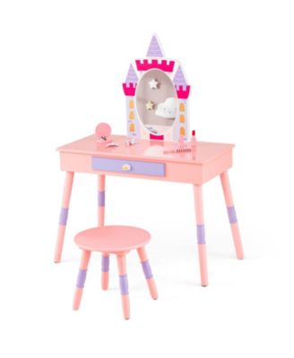 Wood Kids Princess Vanity Set with Mirror and Stool