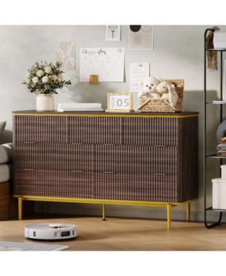 Fluted 7 Drawer Dresser with Gold Handles Curved Profile Design, 54" Wide Modern Wood Storage Cabinet and TV Stand