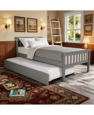 Twin Bed with Trundle, Solid Wood Platform Bed Frame with Headboard, No Box Spring Needed