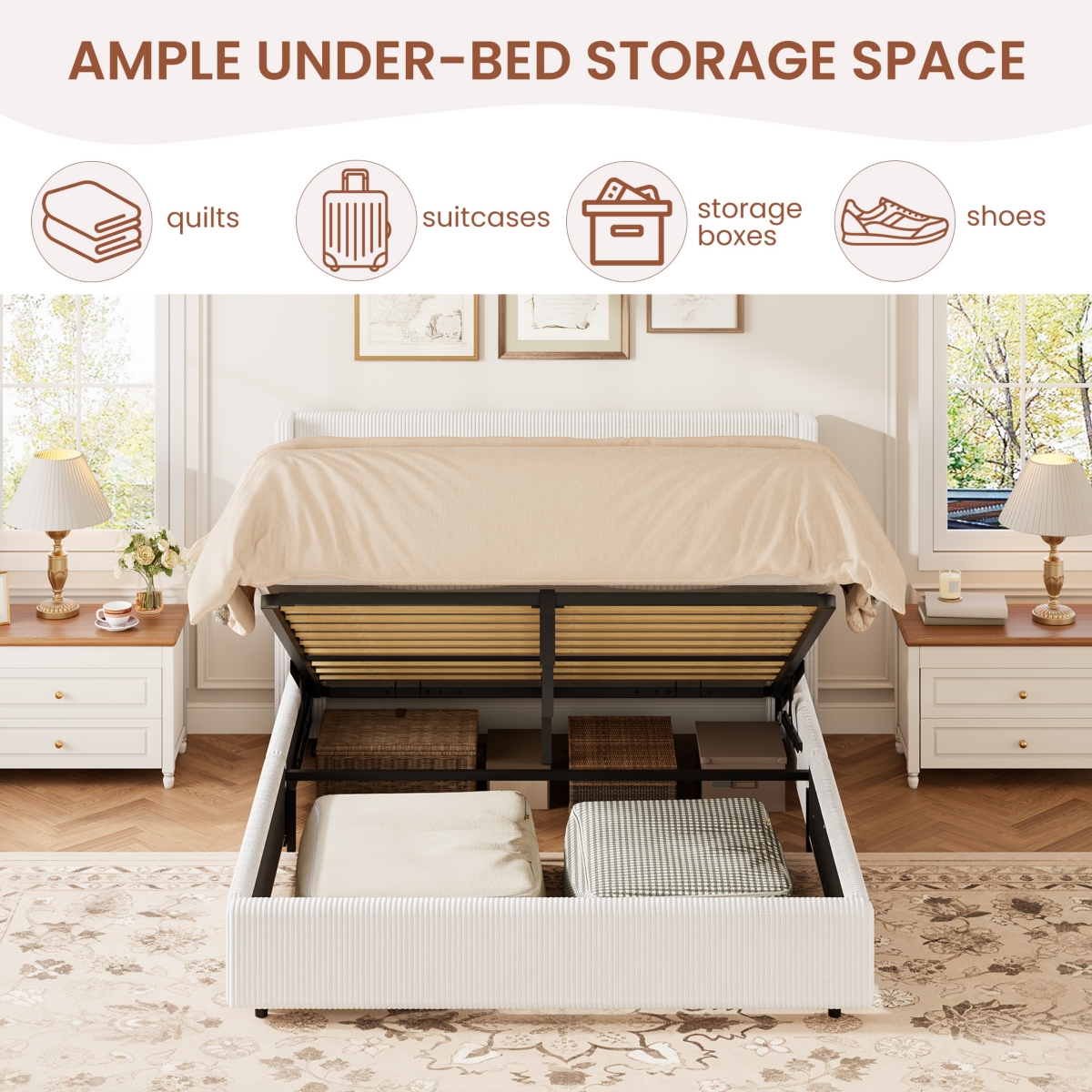 Homfan Lift Up Storage Bed, Modern Corduroy Upholstered Platform Bed Frame with Wingback Headboard, Gas Lift Hydraulic Storage