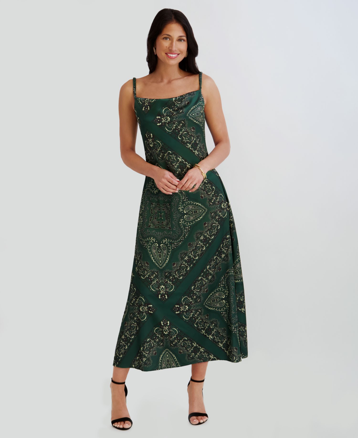 Women's Printed Cowl Neck Satin Midi Dress