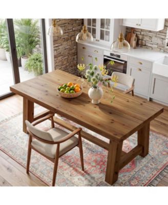 63-Inch Solid Wood Dining Table, Farmhouse Kitchen Table for 4-6 People, Thick Top and Trestle Base