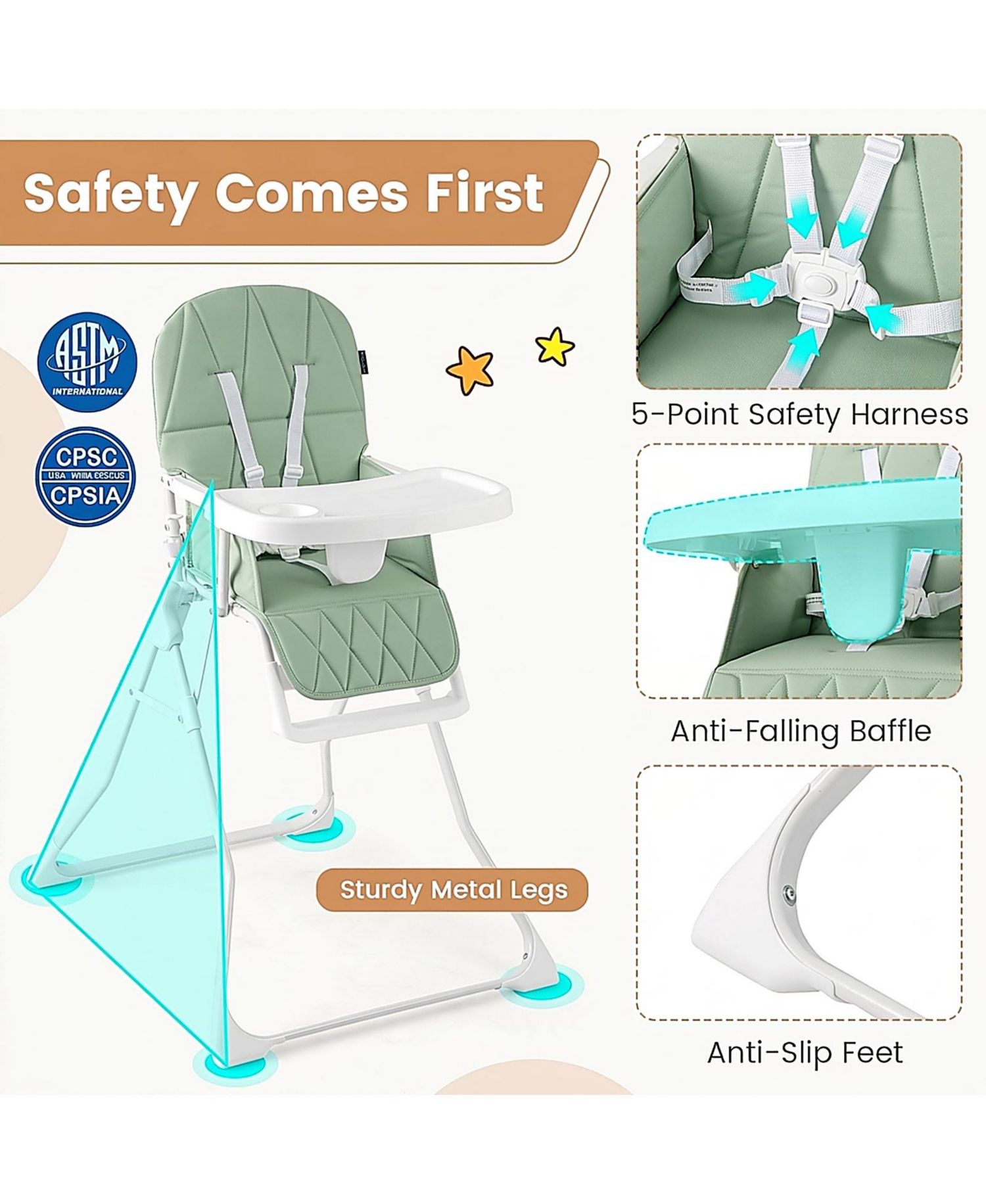 Baby Compact Foldable High Chair with Removable Waterproof Cushion
