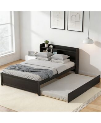 Full Size Platform Bed with Trundle and Storage Bookcase Headboard, Solid Pine Wood