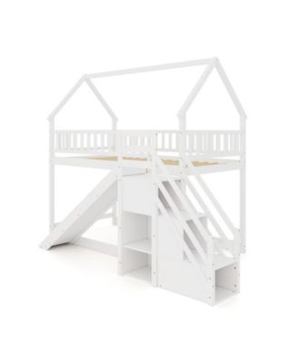 Kids Twin Bunk Bed with Slide and Staircase Storage Steps