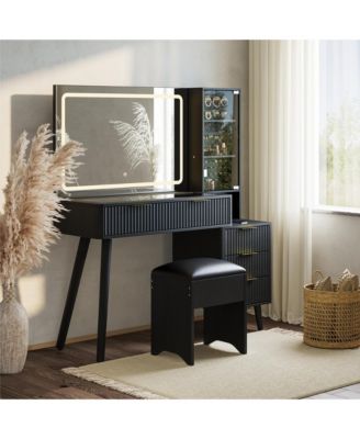  Vanity Desk with Lighted Mirror, Glass Top Dressing Table with Charging Station and Cushioned Storage Stool for Bedroom