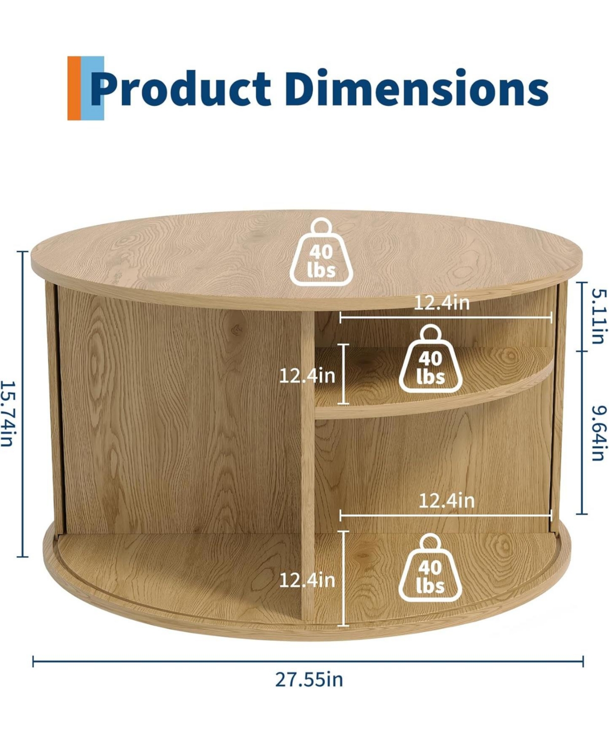 gaomon 28" Round Coffee Table with Storage