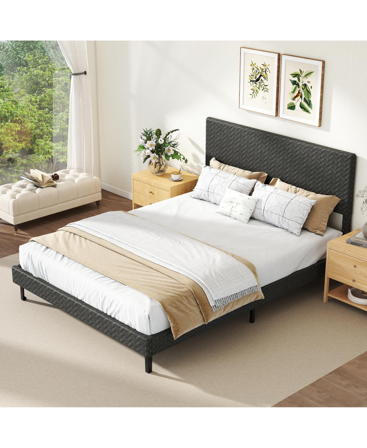 Slickblue Upholstered Velvet Platform Bed with Chevron Headboard