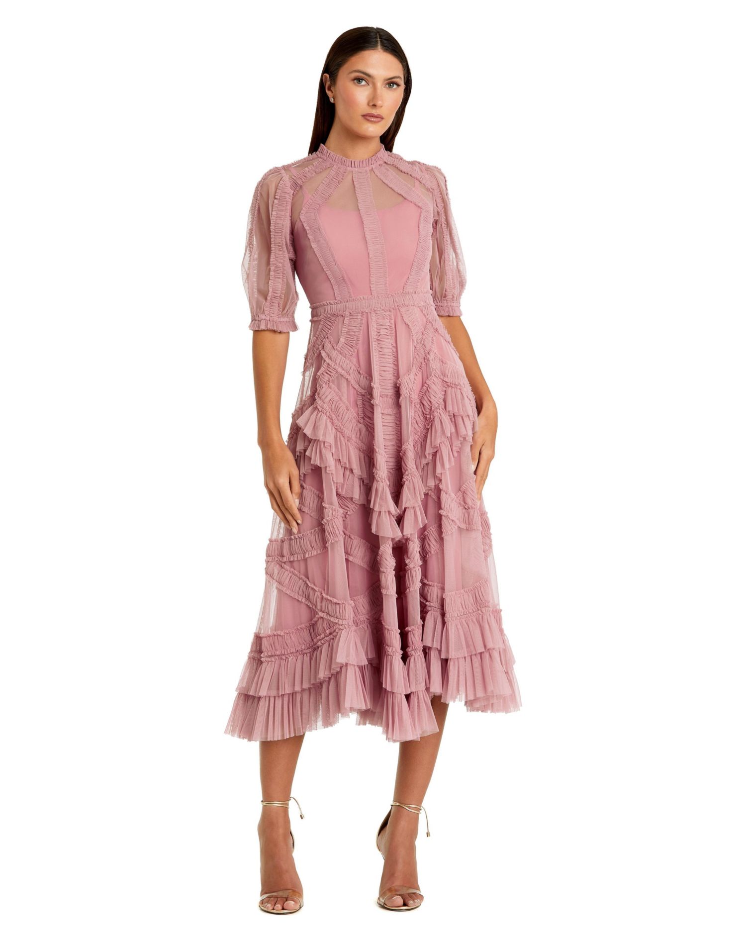 Petite High Illusion Neck Ruffle Tiered A-Line Midi Dress